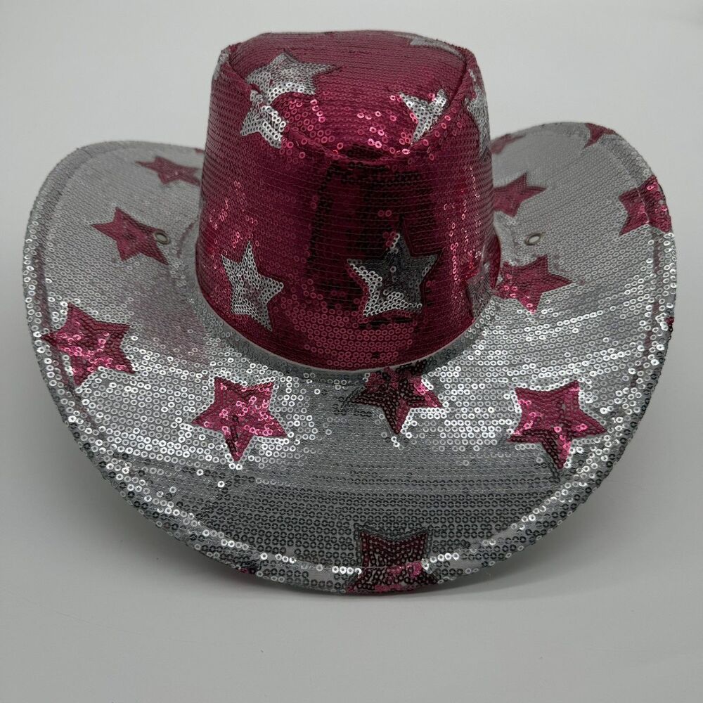 Cowboy Party Hat Pink Silver Sequin Stars Cowgirl hat  NO chin strap CUTE